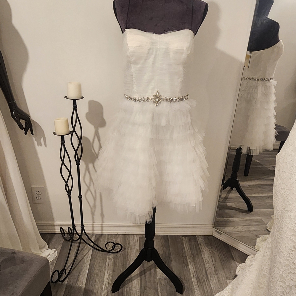 Strapless White Tulle Dress with Embellished Belt.